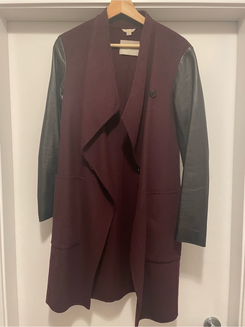 Soia & Kyo Burgundy Trench Coat with Black Leather Sleeves